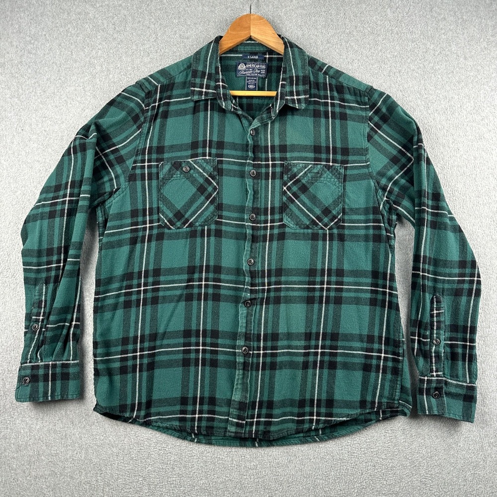 American Rag Shirt Mens XL Green Plaid Flannel Button Down Long Sleeve Cotton